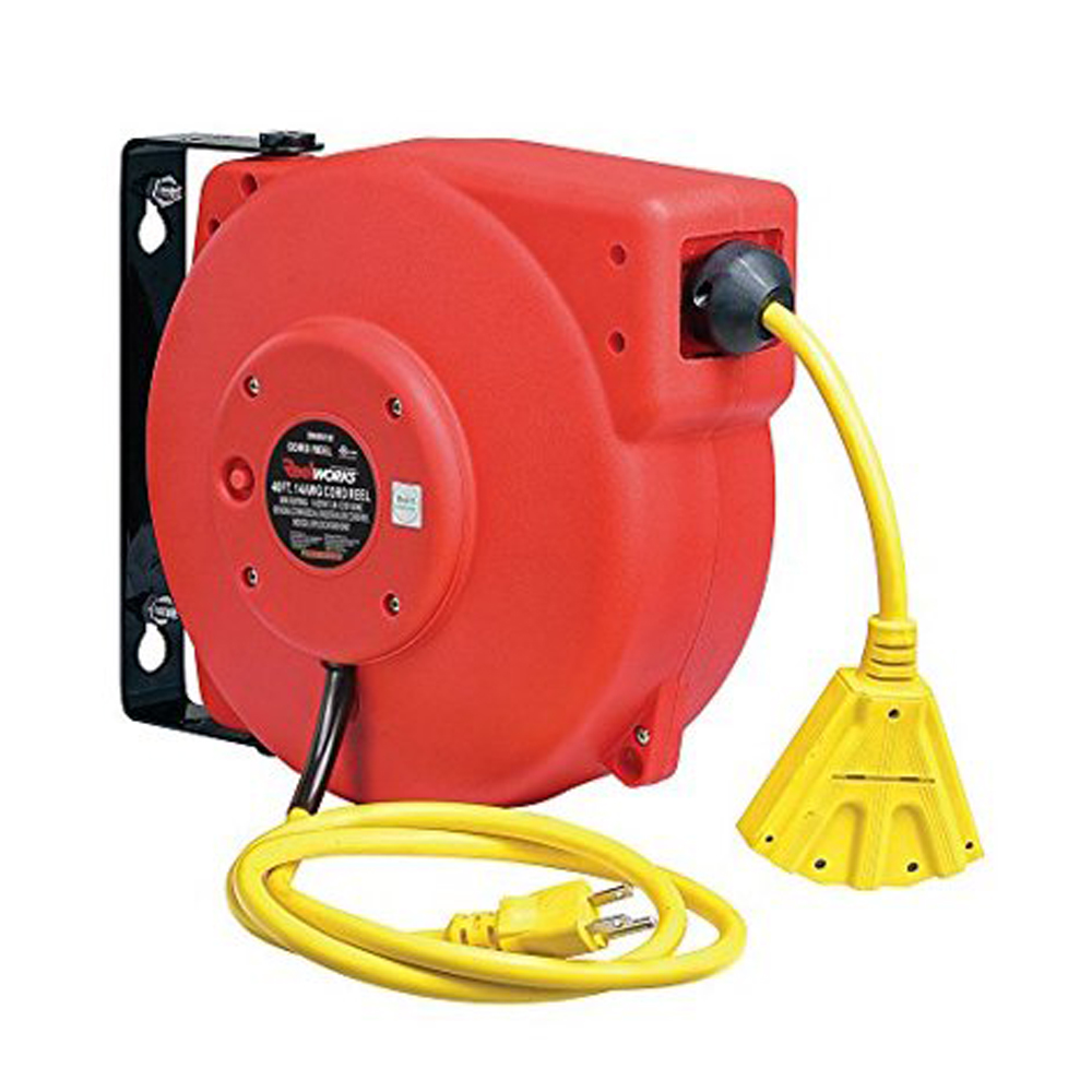 Outdoor retractable extension cord reels with plasitc housing