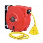 Outdoor retractable extension cord reels with plasitc housing